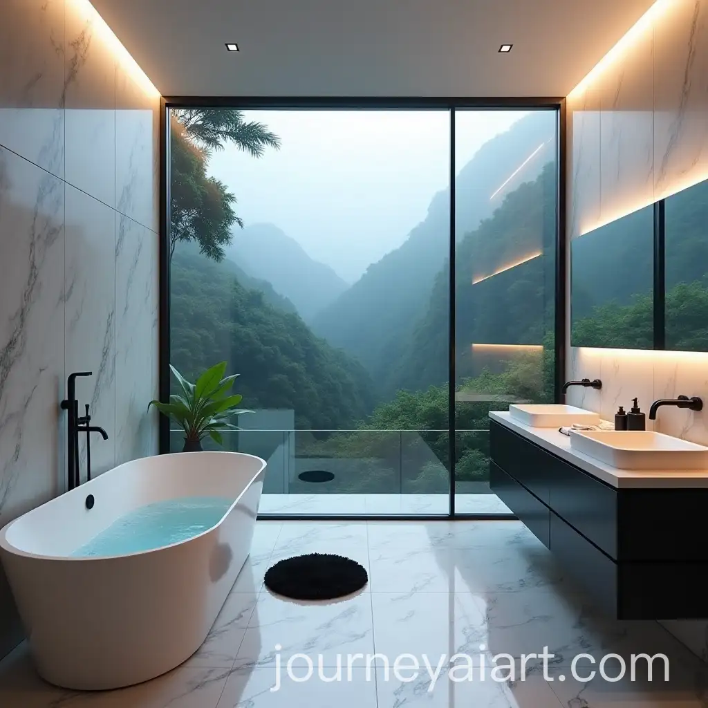 Modern-Bathroom-with-Jacuzzi-Overlooking-Foggy-Forest-Mountain-at-Night