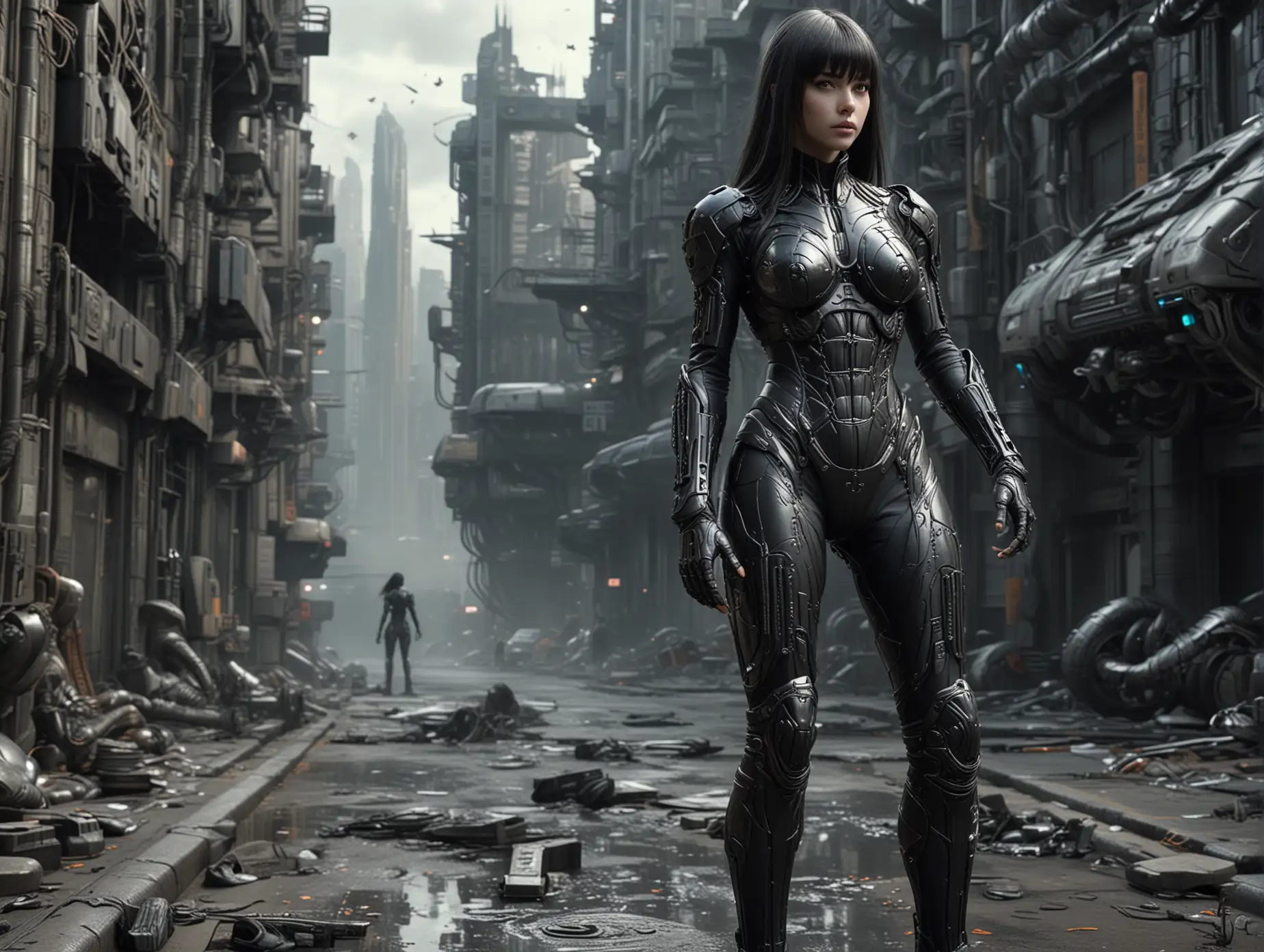 young female, full length figure, long straight hair with bangs, wearing Giger style combat suit, city of the future, action scene, panoramic view, realistic, digital art, trending on artstation, sharp focus,
studio photo, intricate details, highly detailed, depth of field, unreal engine, perfect composition, 8k