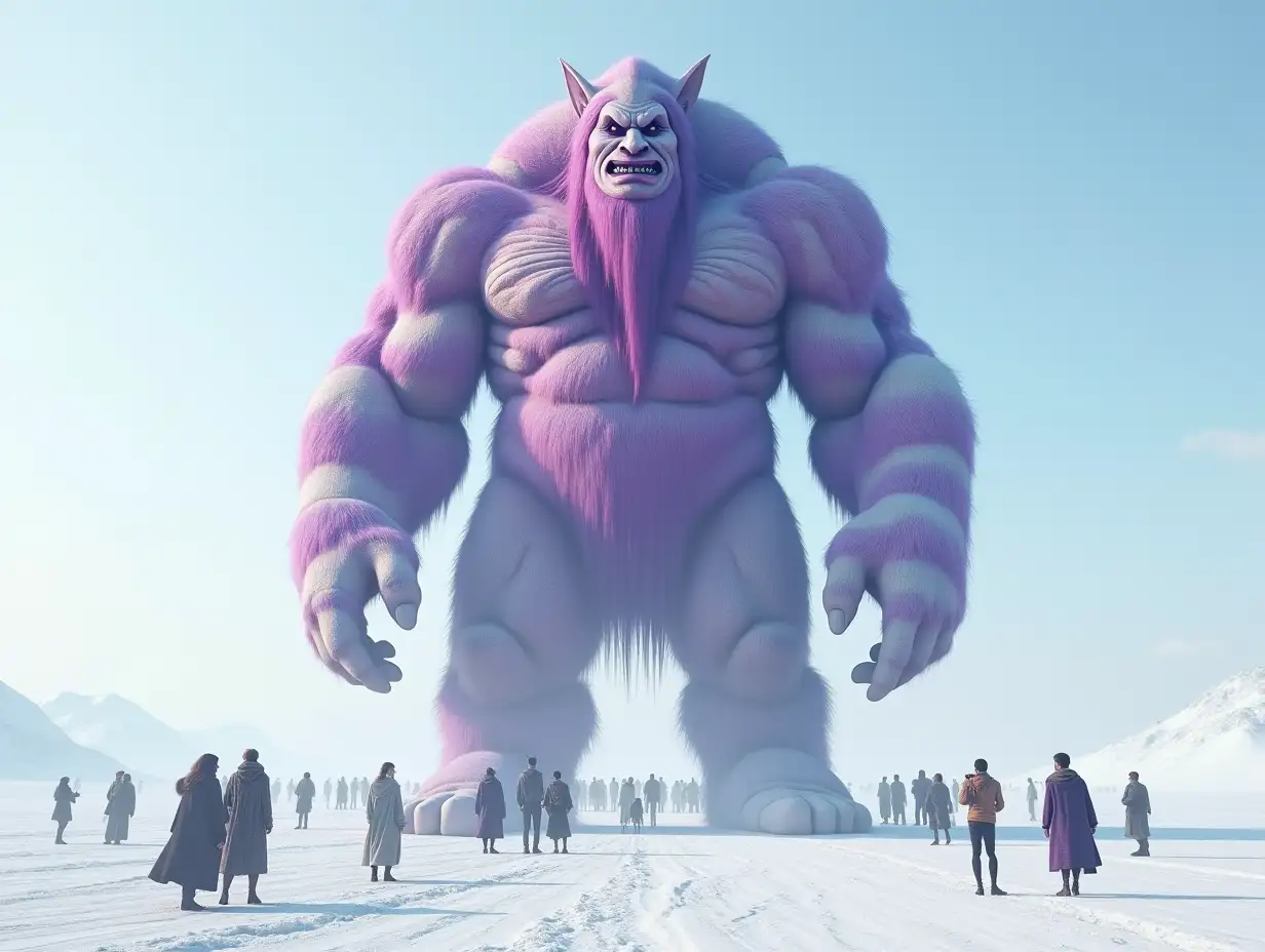 Create for me a 20 meter Android Titan Troll in purple and white stripes in a vast snowy desert with many people.