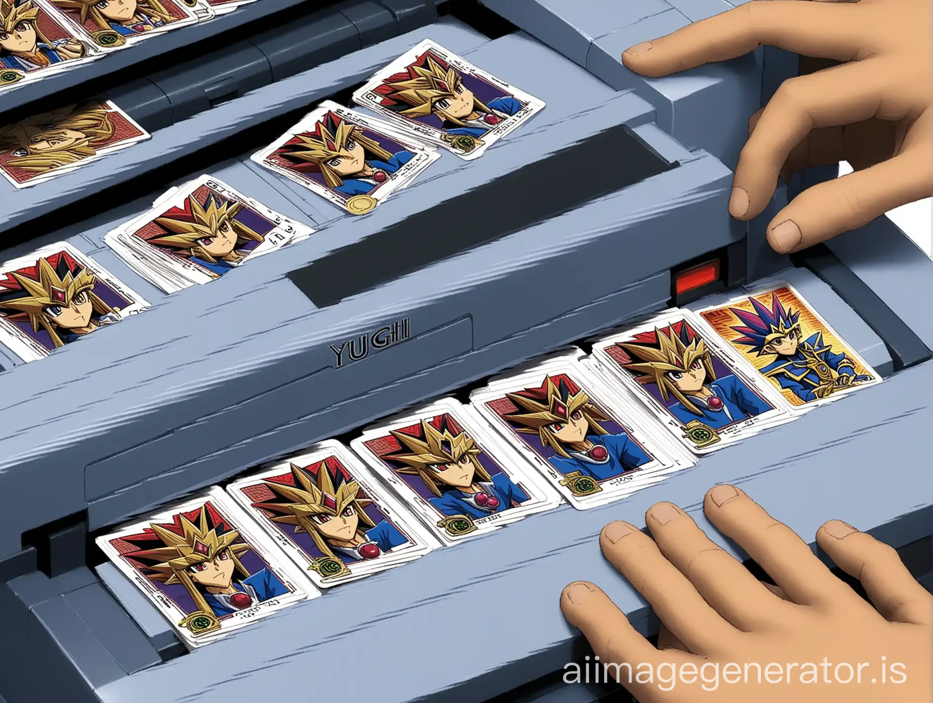 A printer is printing 'Yu-Gi-Oh' cards