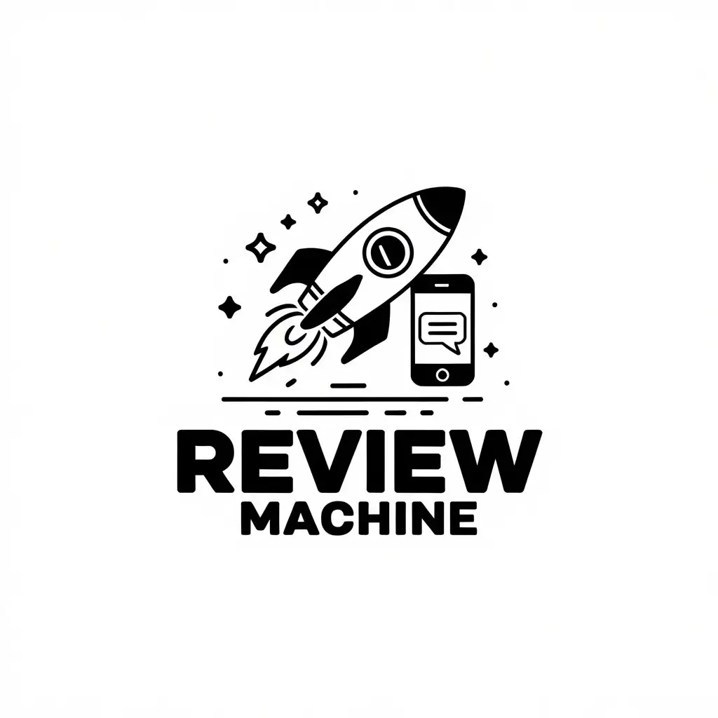 LOGO Design for Review Machine Vector Logo with Rocket Ship Stars and Text Message Theme