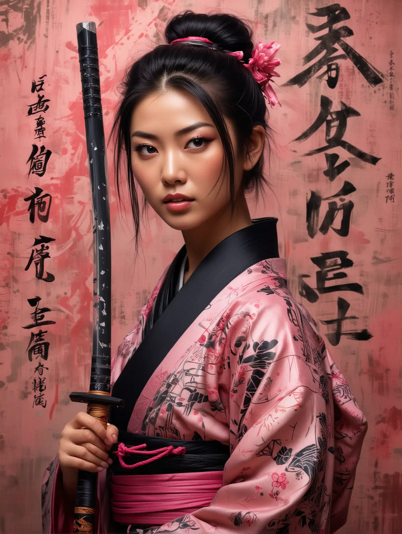 Create an image of a beautiful samurai woman with detailed facial features, standing against an abstract painted background with brush strokes and Asian characters. She is dressed in a traditional garment with pink and black hues, a long katana samurai on her back, and her shoulder adorned with intricate text tattoos.