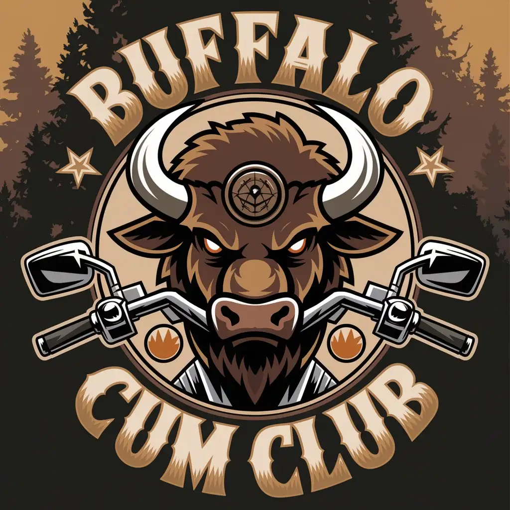 LOGO Design for Buffalo CUM CLUB Fierce Buffalo Head with Motorcycle Elements Retro Font Earthy Tones