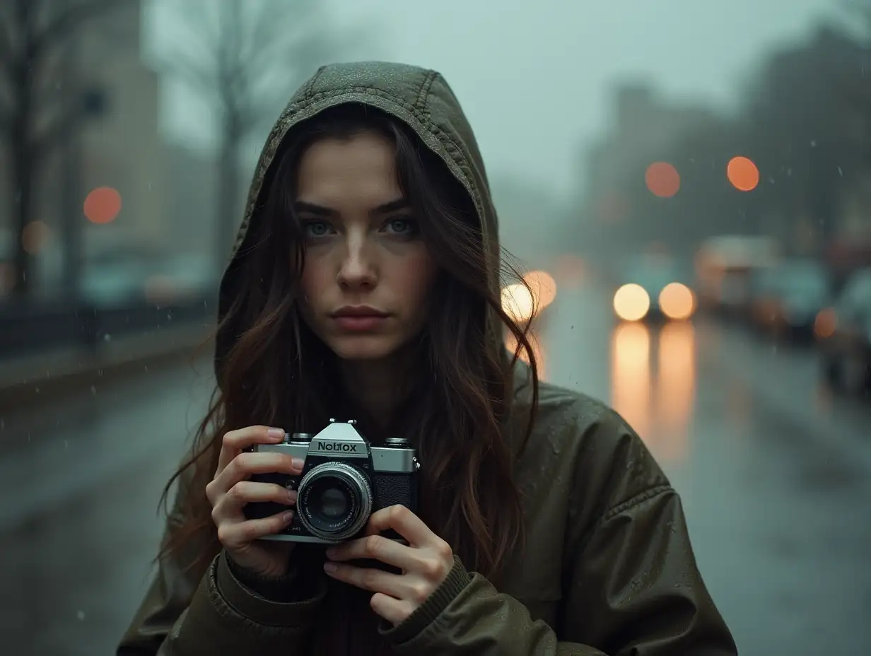 a young woman in the rain with a rollieflex camera