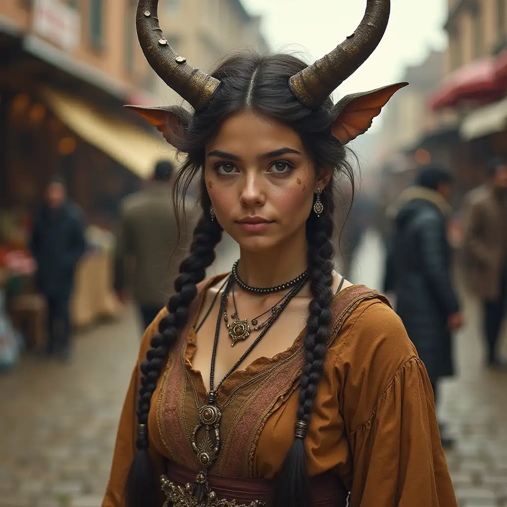 Mythological woman from the year 1900 at a market