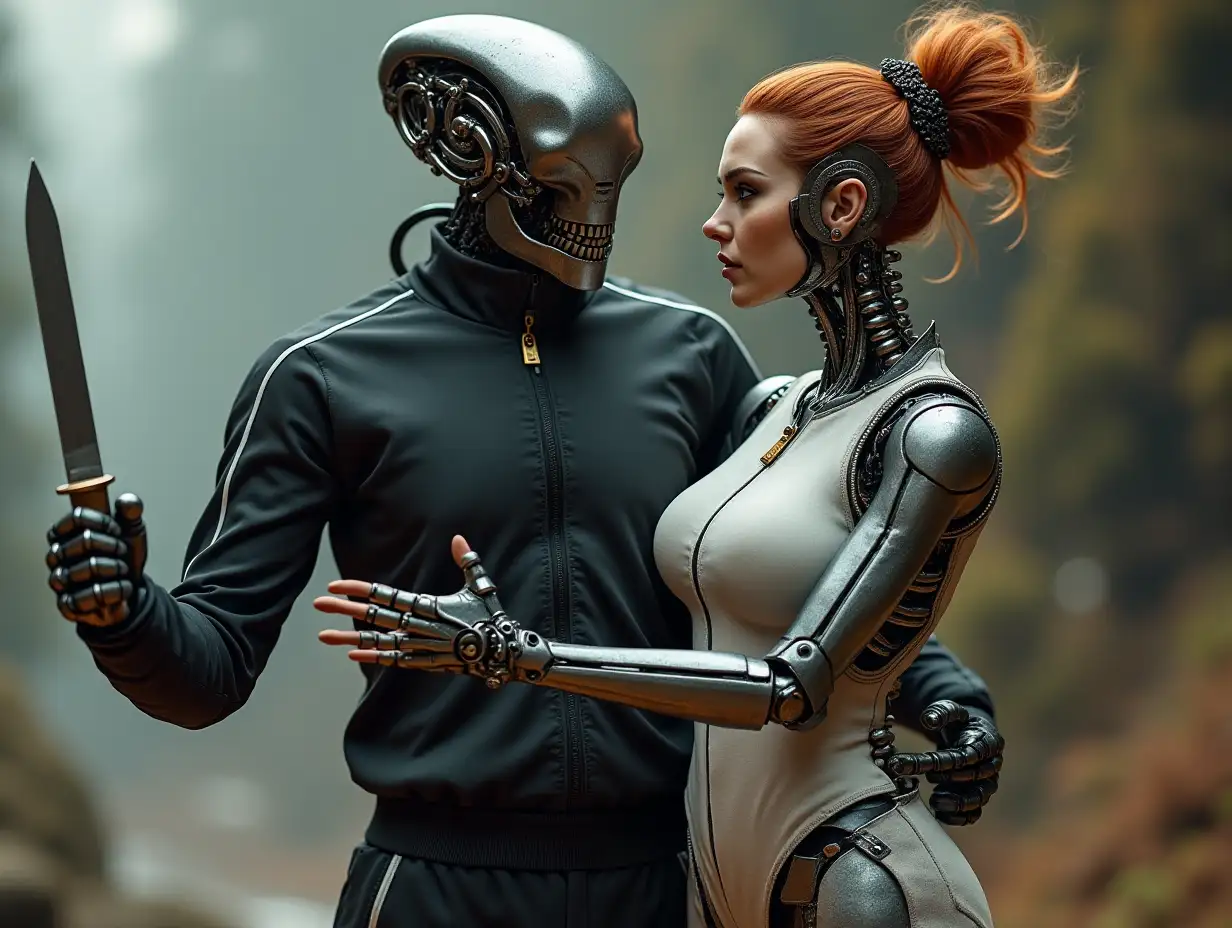 Create a high-resolution, realistic image of a robot dancing with a woman. It has a skeleton body, metal hands and the head of an alien, a fashionable tracksuit, steel hair and a knife in hand. 4K resolution (Steampunk-8K quality)