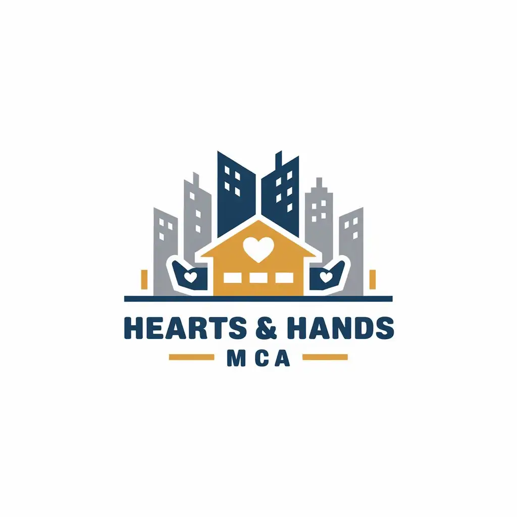 LOGO Design for Hearts Hands MCA School Building in Yankee Blue Gray and Beige with Hands and Heart Theme