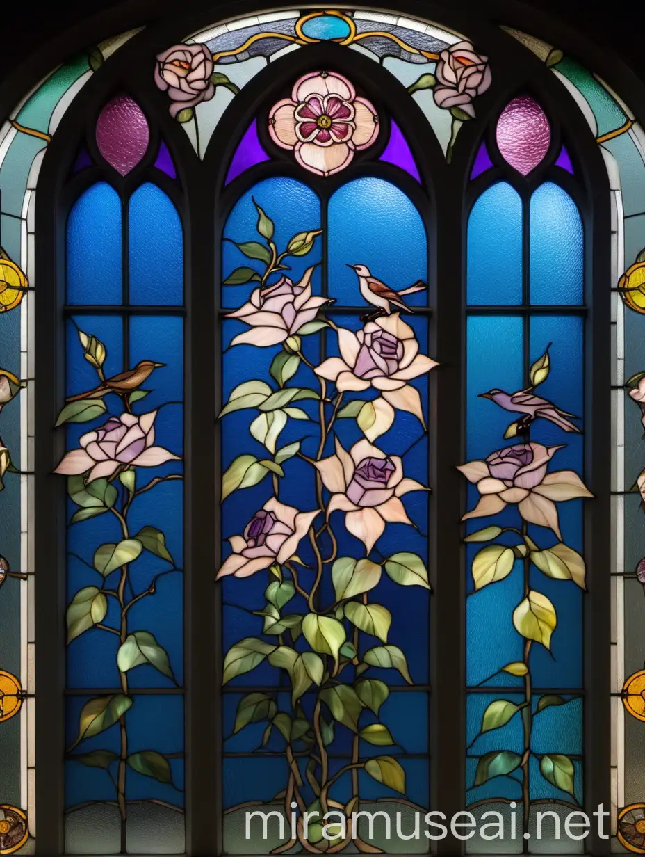 Stained Glass Windows with Clematis and Rose Designs Featuring a Bird