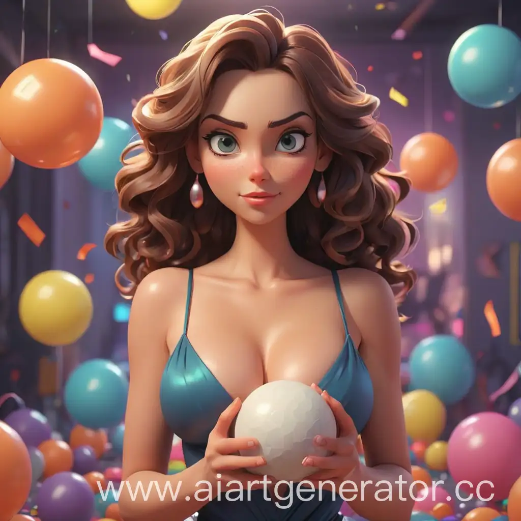 cartoon beautiful woman with deep cleavage holds a ball in her hands against the background of a bright 3d party animation