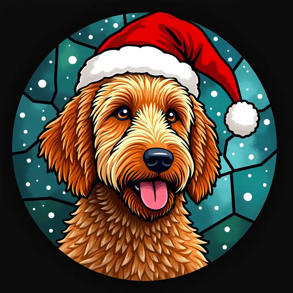 Festive Goldendoodle Dog in Stained Glass Santa Hat