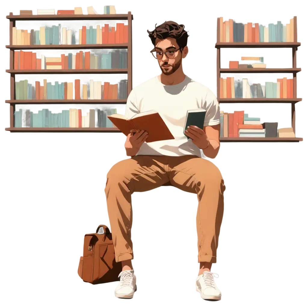 Cartoon-Aesthetic-PNG-Image-Man-Visiting-Bookstore-with-People-Reading-and-Discussing-Outside