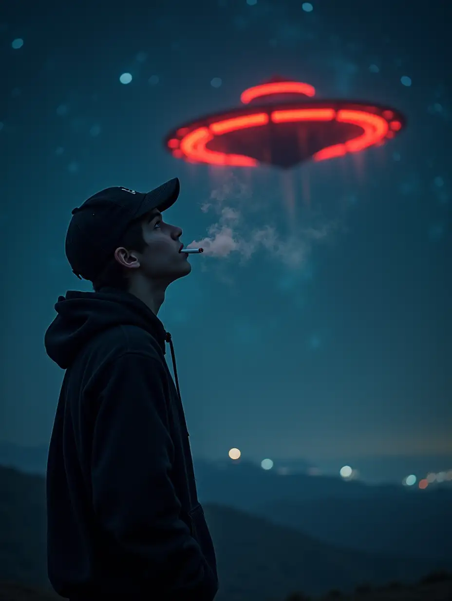 a high quality imagine.in the middle of the night a teenager boy with wearing a black hoodie jacket.with wearing a nice cap standing in the strange place.while smoking cigarettes looking up in the amazing galaxy.while there's a red black color super advance UFO flying around in the sky far away from him