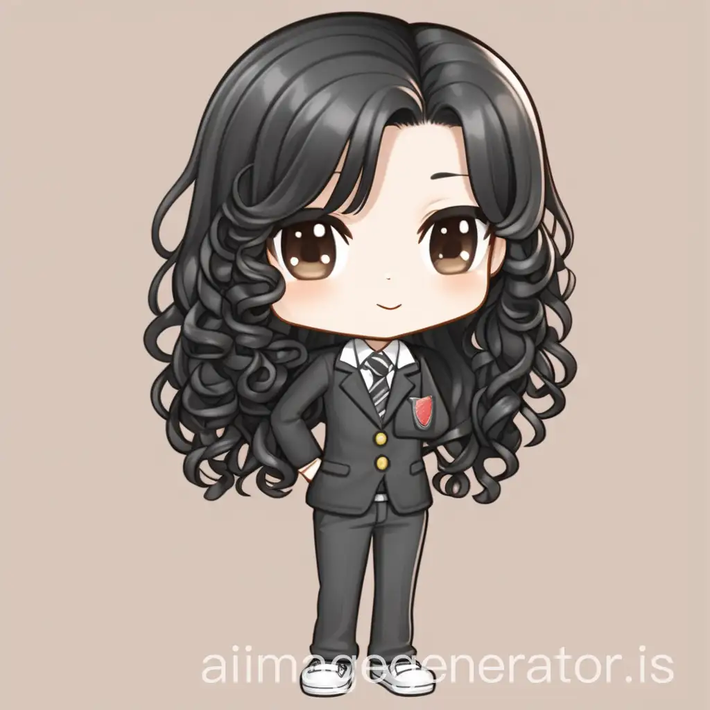 create a chibi teacher with long curly black hair