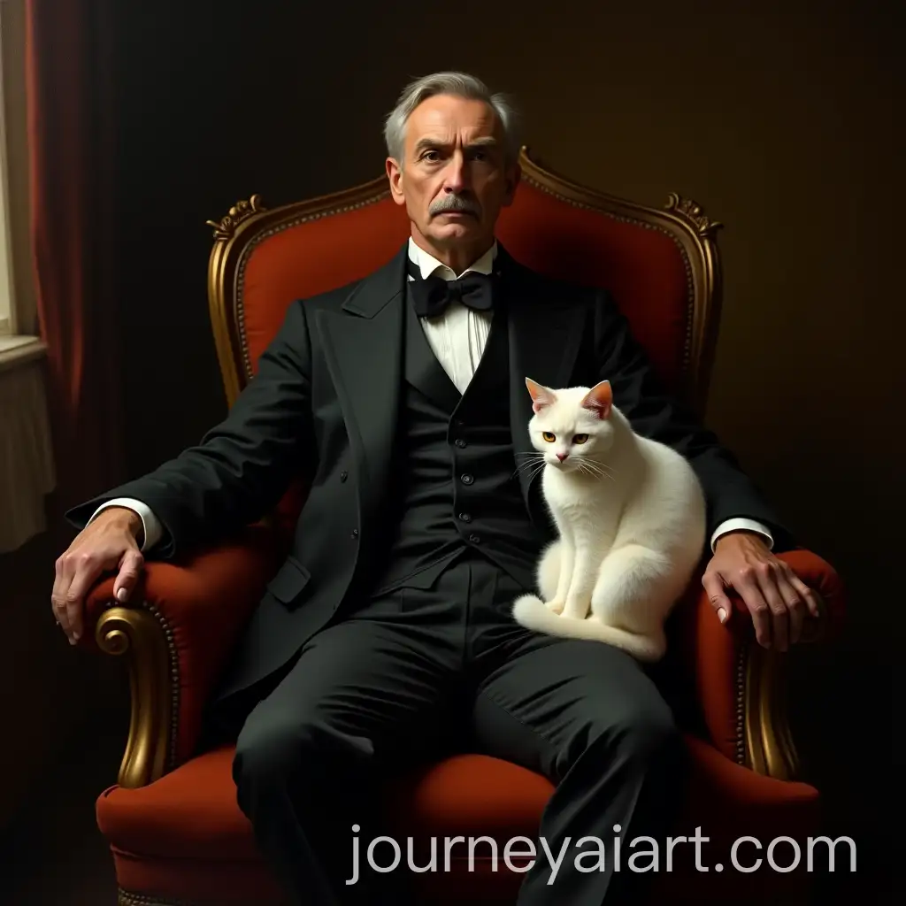 Antique-Victorian-Oil-Painting-Portrait-of-a-Man-with-a-White-Cat-in-a-Dark-Room