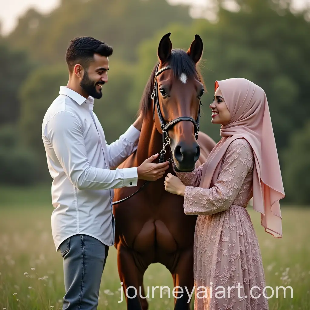 Muslim-Couple-in-Wedding-Attire-with-Horse-on-Wedding-Day