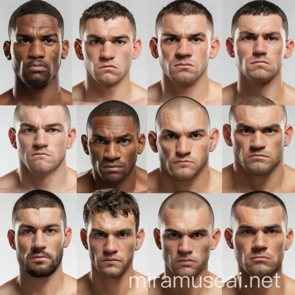 Portrait Gallery of 9 Male MMA Fighters on Solid White Backgrounds