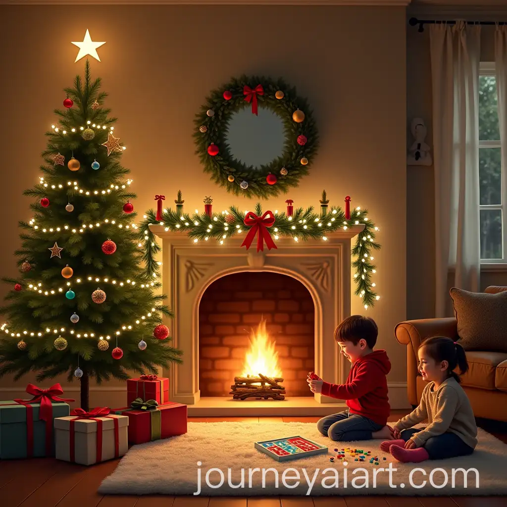 Cozy-Christmas-Living-Room-with-Fireplace-Tree-and-Children-Playing