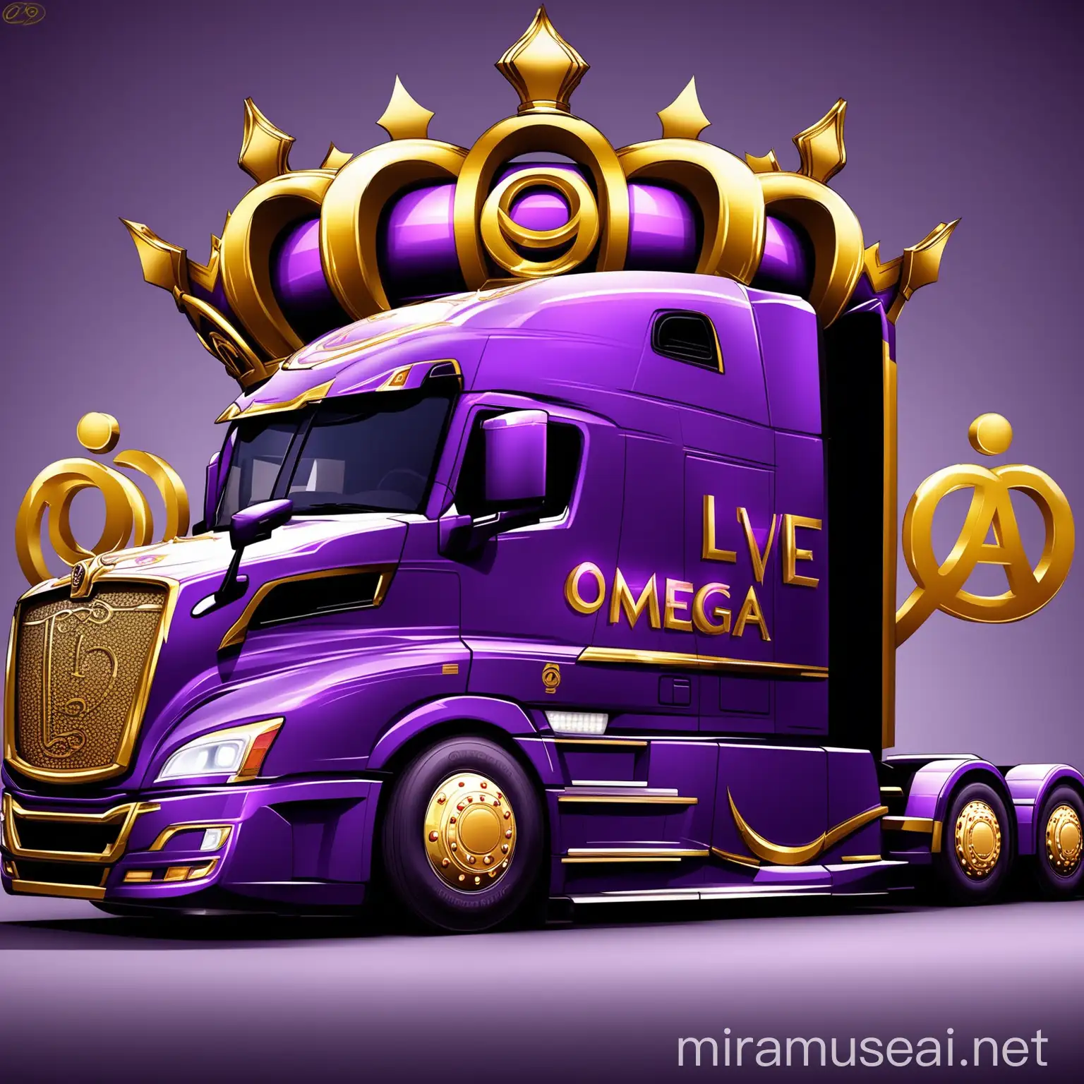 Omega Love Transport LLC SemiTruck Purple and Gold Colors with Omega Sign and Crown