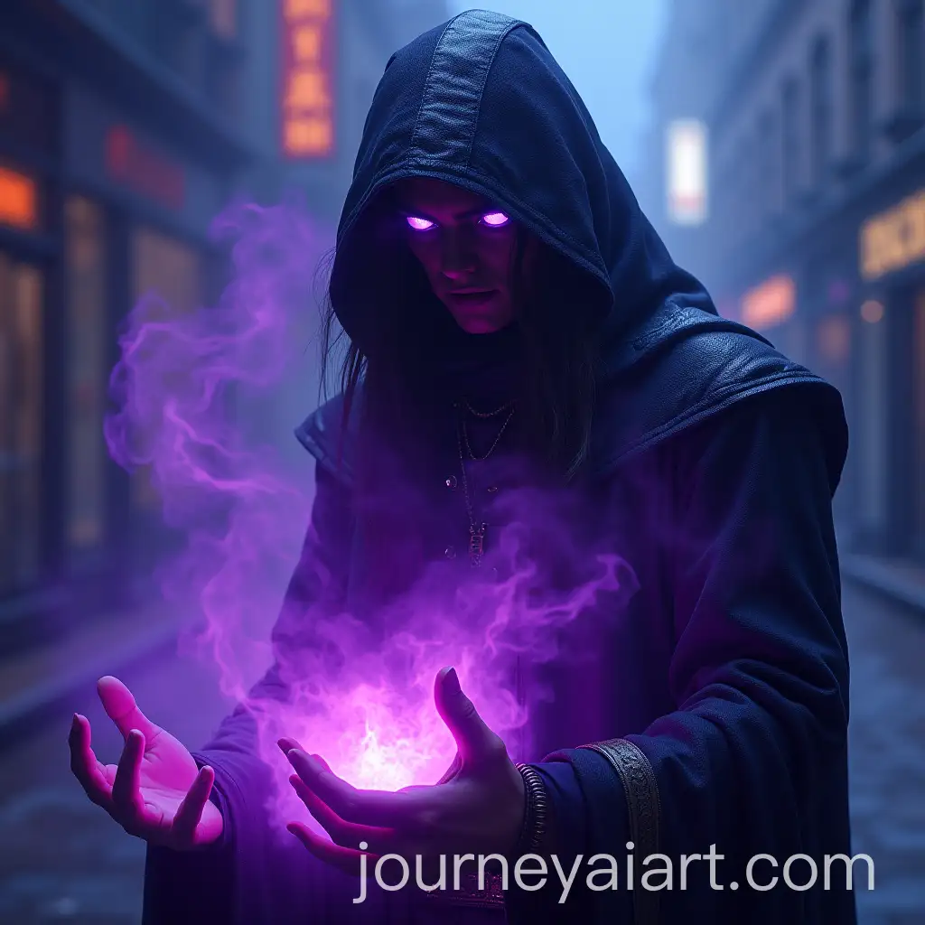 Mysterious-Dark-Magician-Casting-Purple-Magic-Spell-in-Cyberpunk-Setting