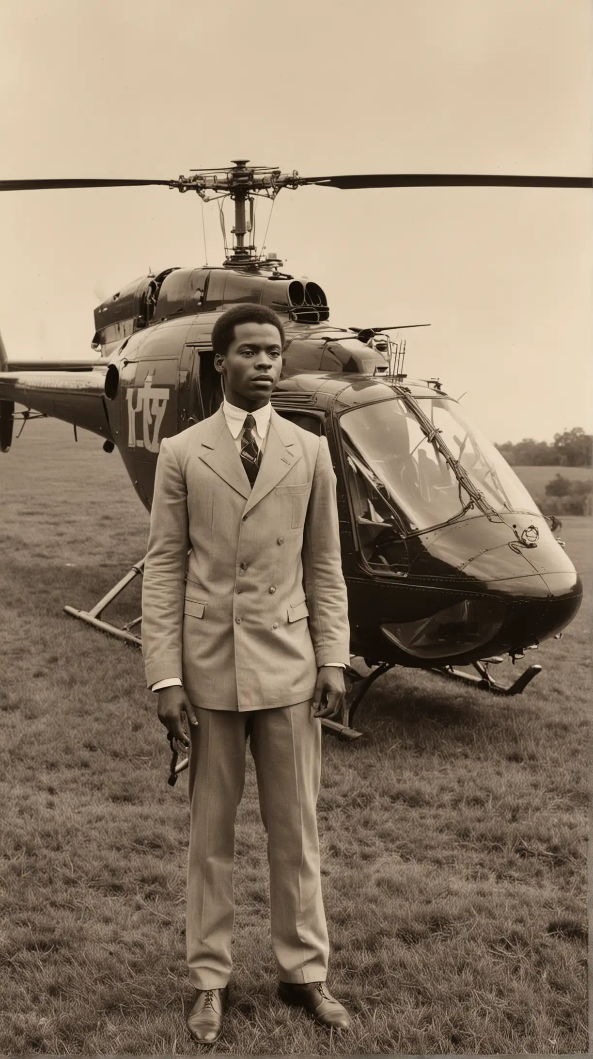 1900s Black Man Posing with Helicopter Outdoors