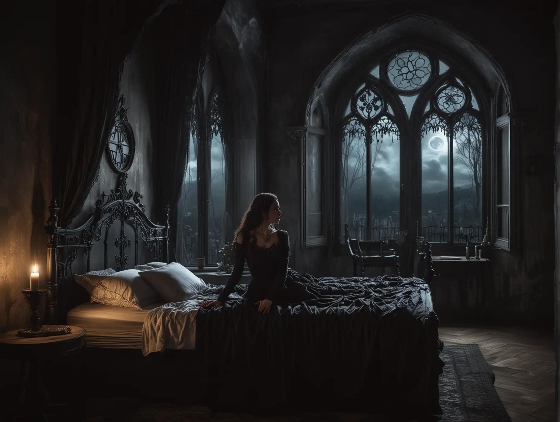 woman in a gothic style bedroom dark bed with moonlight through window 