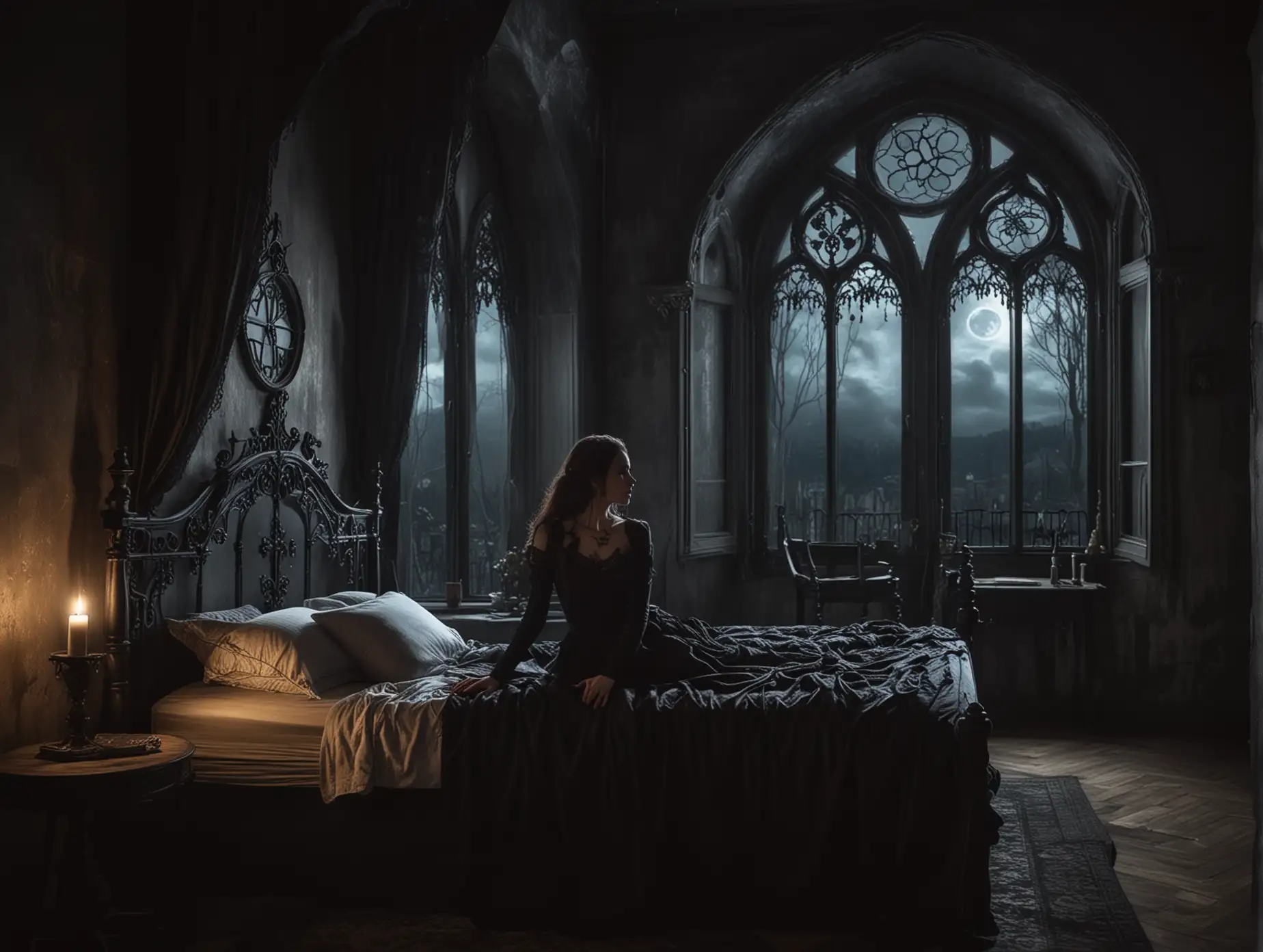 Woman-in-Gothic-Style-Bedroom-with-Moonlit-Dark-Bed