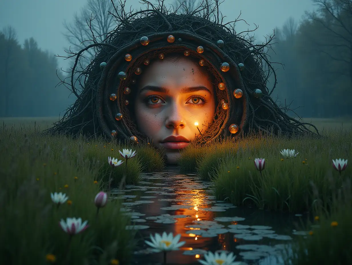 Face turning into a building with glass glowing balls and roots lit on a meadow with lake and lilies looking at the viewer