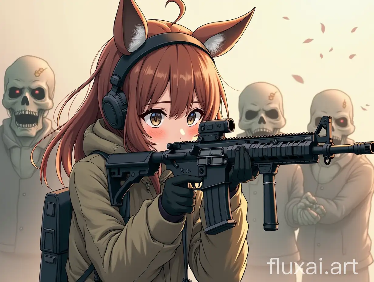 Draw a 2D girl, using M4A1 to fight zombies, Japanese style, high quality