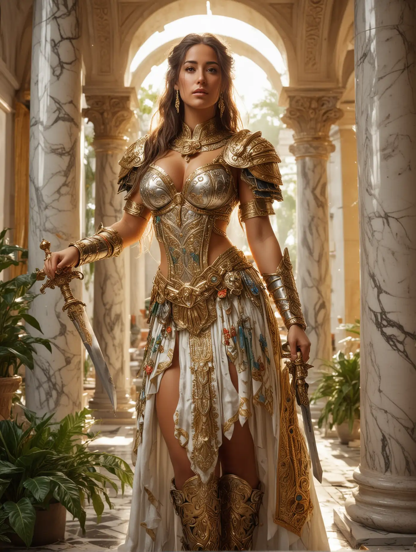 a photograph portrait, beautiful Eva Lovia, amazing cleavage, roman warrior, roman warrior costume, wearing a multicolor elaborate suit of gold, standing elegance, filigree diamond, silk and linen, gigantic sword, pots with plants, marble doric columns, 3d render, bright light of the sun