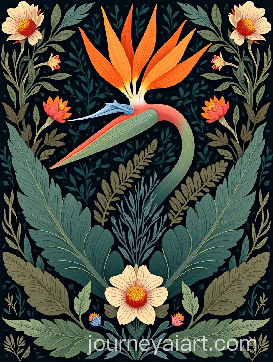 Intricate-Bird-of-Paradise-Illustration-in-William-Morris-Style-with-Symmetrical-Floral-Patterns