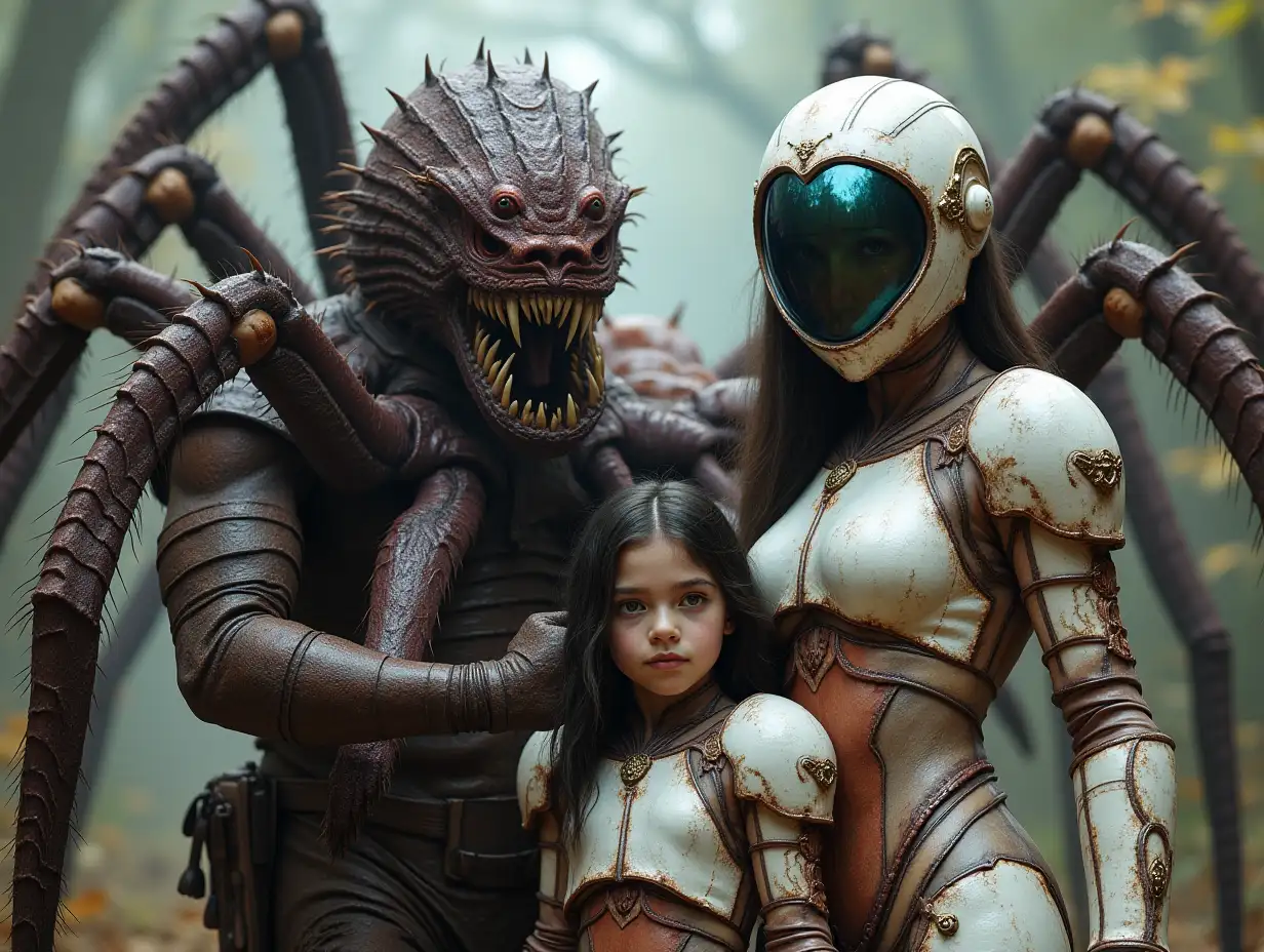 Ki-Fantasy family,Man,Woman, and Children, giant tarantula face and with glass and White Armor Equipment