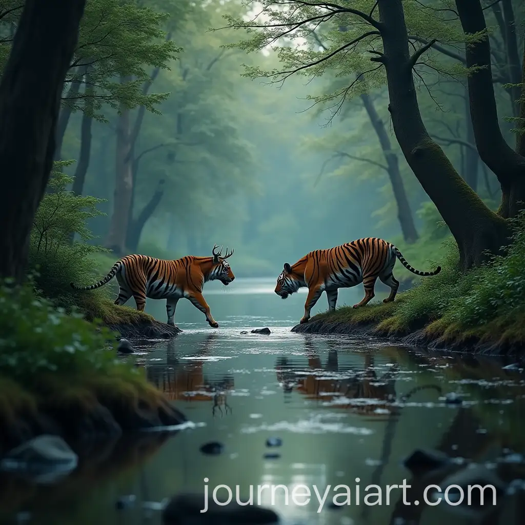 Tiger-Chasing-Deer-by-River-in-Forest-Scene