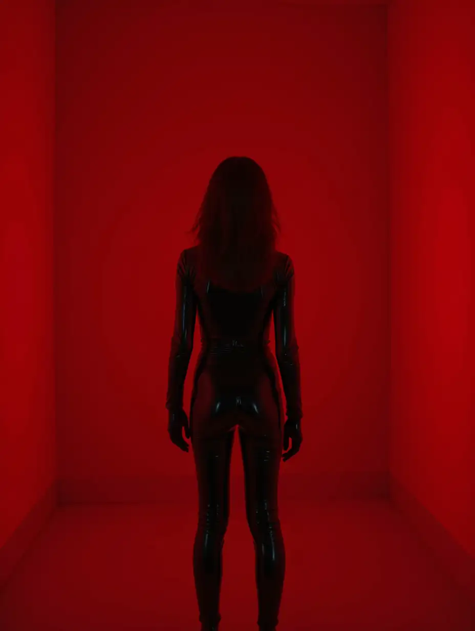 A girl dressed in a black latex suit, stands afraid in an empty red room