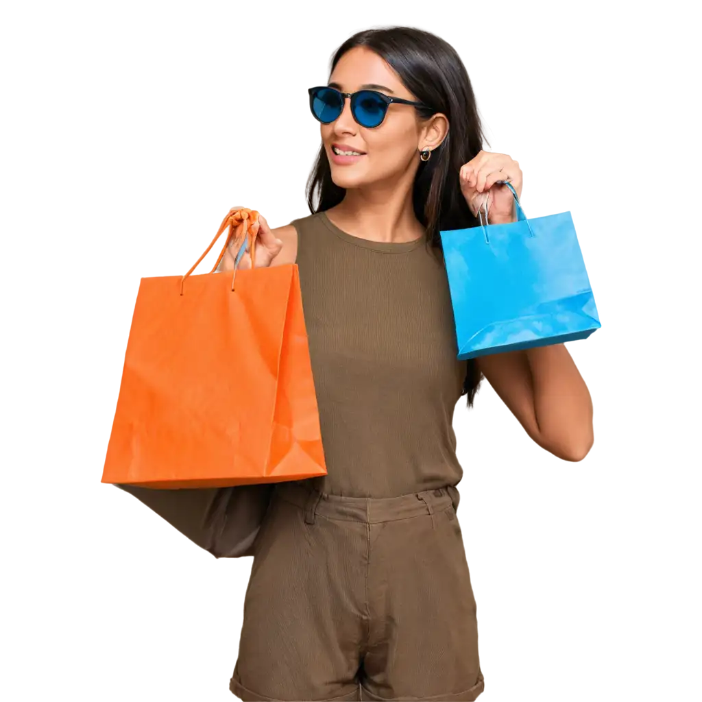 Stunning-PNG-Image-of-a-Girl-in-Sunglasses-with-Orange-TShirt-and-Blue-Shopping-Bags