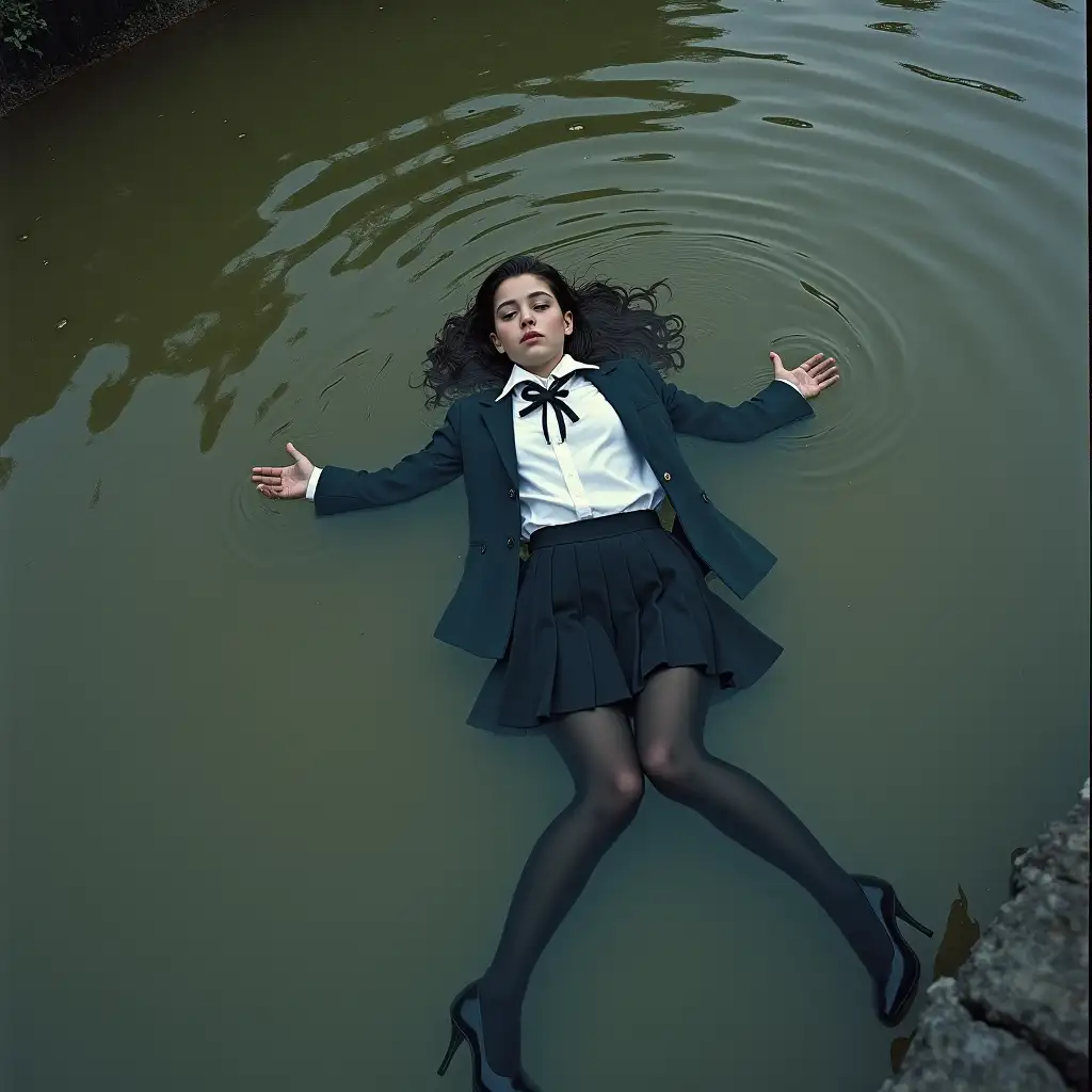 A young schoolgirl in a school uniform, in a skirt, jacket, blouse, dark tights, high-heeled shoes. She is swimming in a dirty pond, lying underwater, all her clothes are completely wet, wet clothes stick to her body, the whole body is underwater, submerged in water, under the surface of the water, below the water's edge.