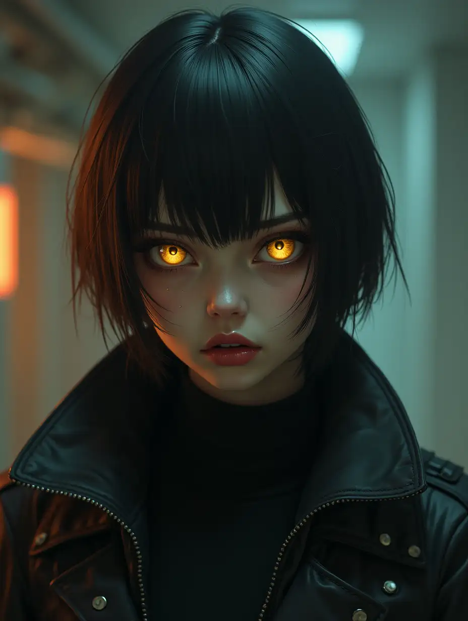 Short hair, russian female thief, yellow eyes with cats pupils, skintight bodyglove, cyberpunk