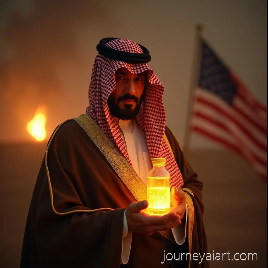 KingKing-Shah-Faisal-Portrait-Faisal-of-Saudi-Arabia-Holding-Glowing-Jar-of-Oil-with-Burning-American-Flag-in-Background