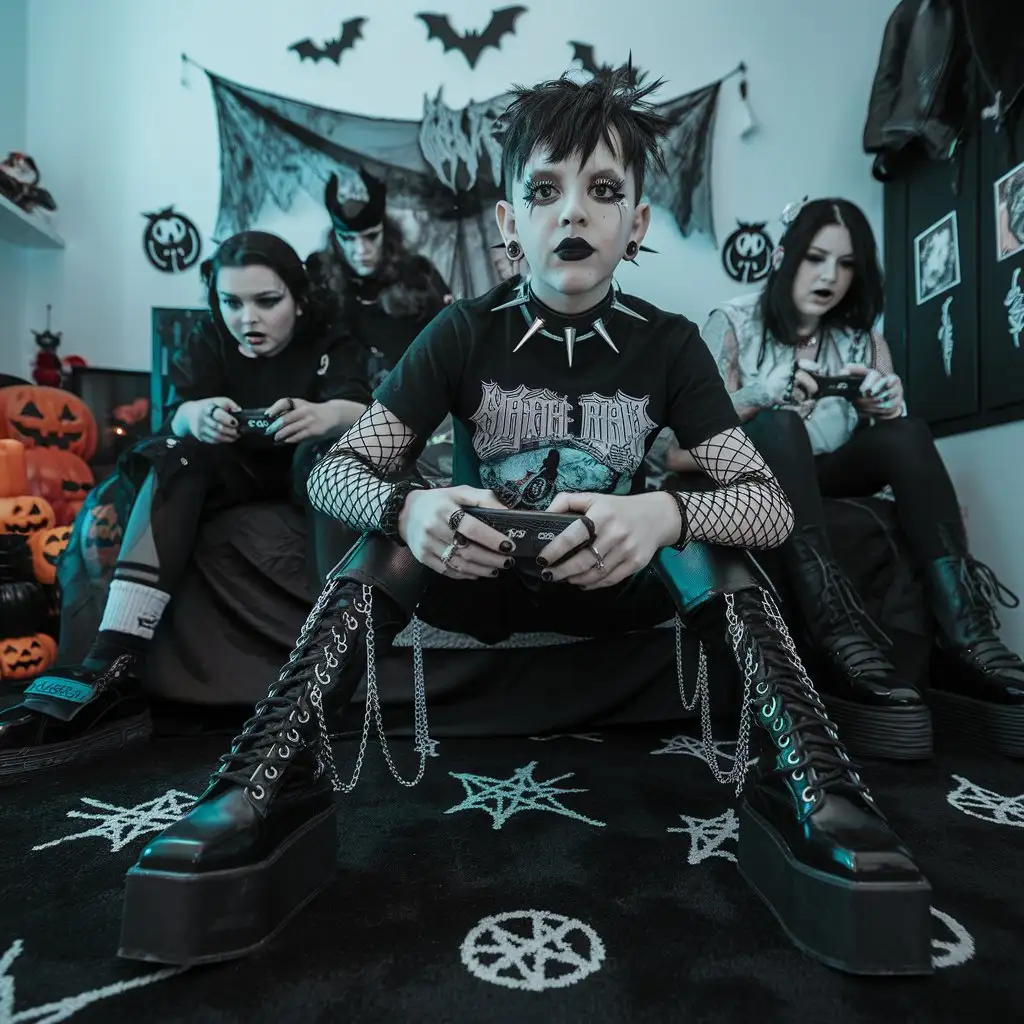 Gothic-Boys-Playing-Video-Games-in-Halloween-Decorated-Bedroom