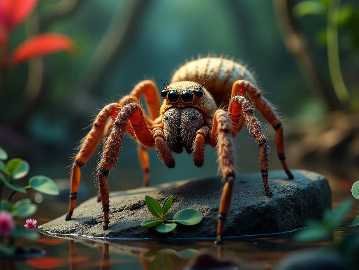 Ultra-detailed hyperrealistic portrait of a bird spider on a rock, leaves, branches and a dense rainforest with a pond in the background, intricately detailed, colorful plants in the background colorful plants background