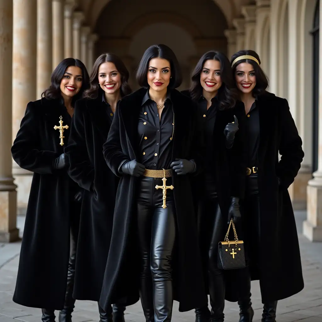 Elegant-Women-in-Black-Fur-Coats-and-Golden-Accessories-in-a-Marble-Corridor