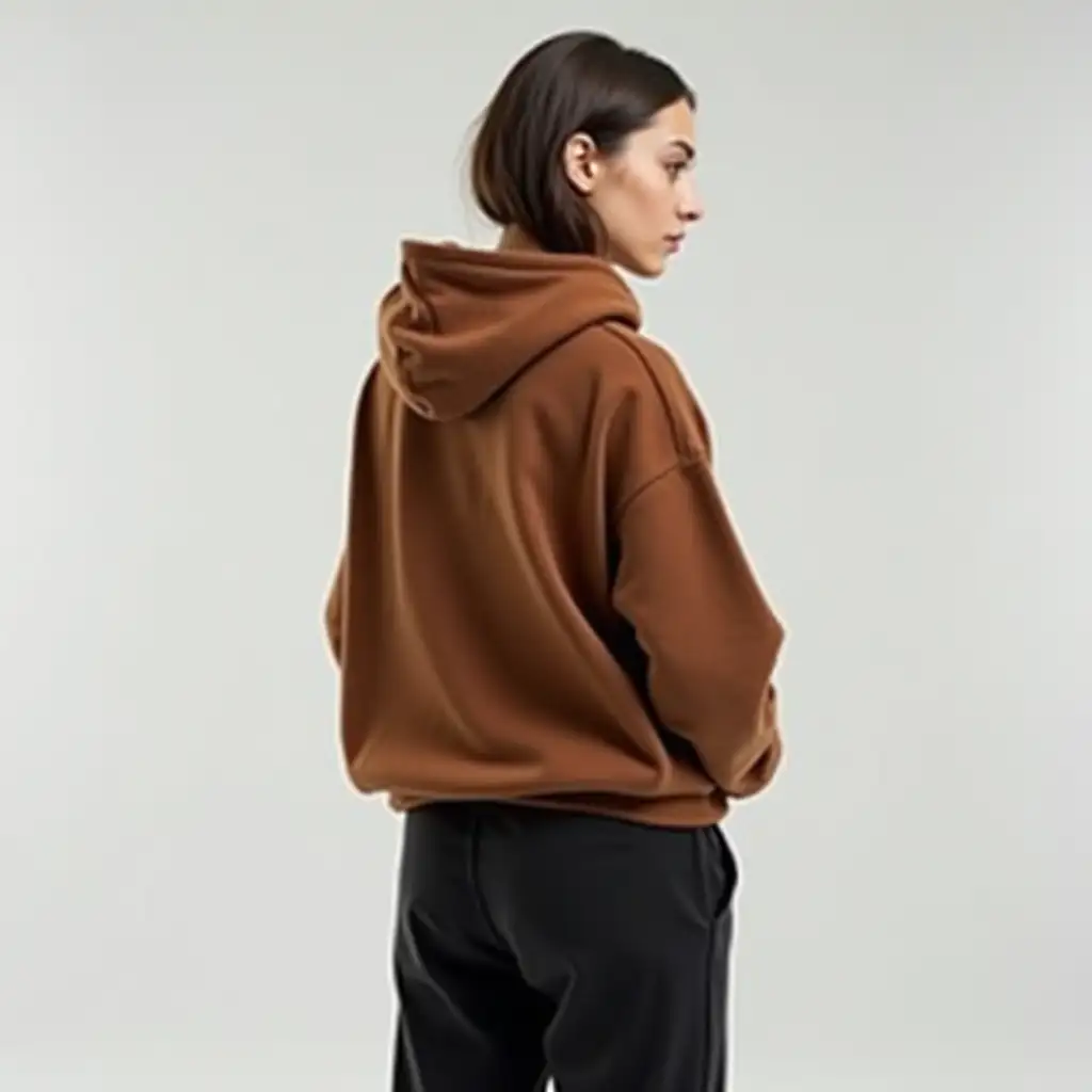 backside of a white young woman model wearing a brown color hoodie and black sweatpants. face is slightly tilted towards the front, showing part of her profile.