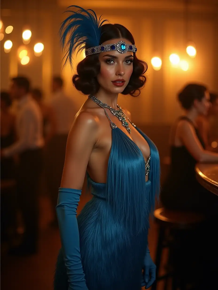 Portrait of a sultry fashionista of the 1920s radiating confidence and self-control in the luxurious atmosphere of a retro club, inspired by the novel The Great Gatsby. Her extravagant blue fringed dress shimmers in the warm golden light, she wears elbow-length gloves, wavy hairstyle, an elegant headband of feathers on her head, rich jewelry with sapphires and aquamarine, a dynamic pose, she is surrounded by soft, velvety shadows of a luxurious bar with visitors, where every detail whispers about a bygone era of glamour and excess.