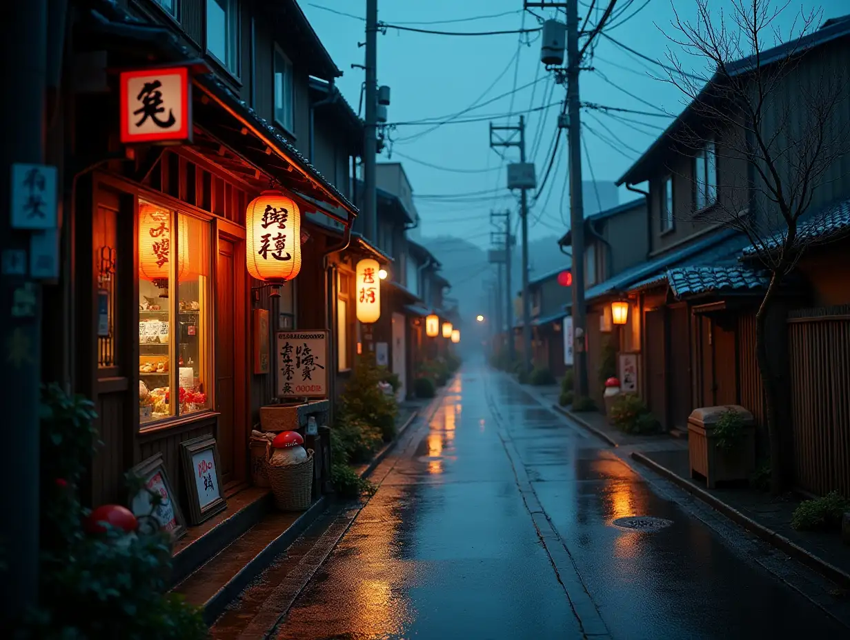 A beautiful and typical street in Japan with typical houses and shops where it is raining, the atmosphere is cold and there are lights of quality that illuminate the streets and a typical noodle business in the foreground with warm light inside