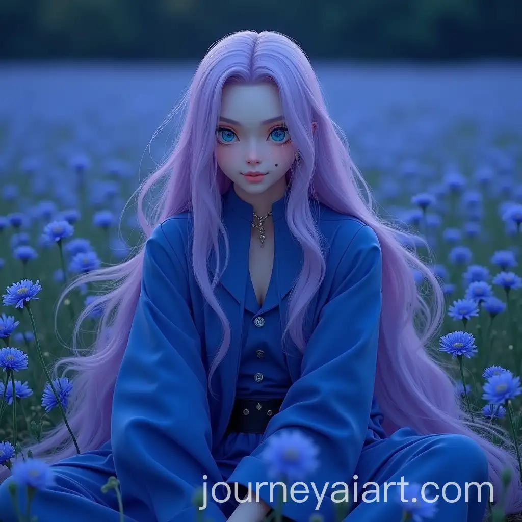 Androgynous-Man-with-Long-Purple-Hair-in-a-Dreamy-Flower-Field-at-Night