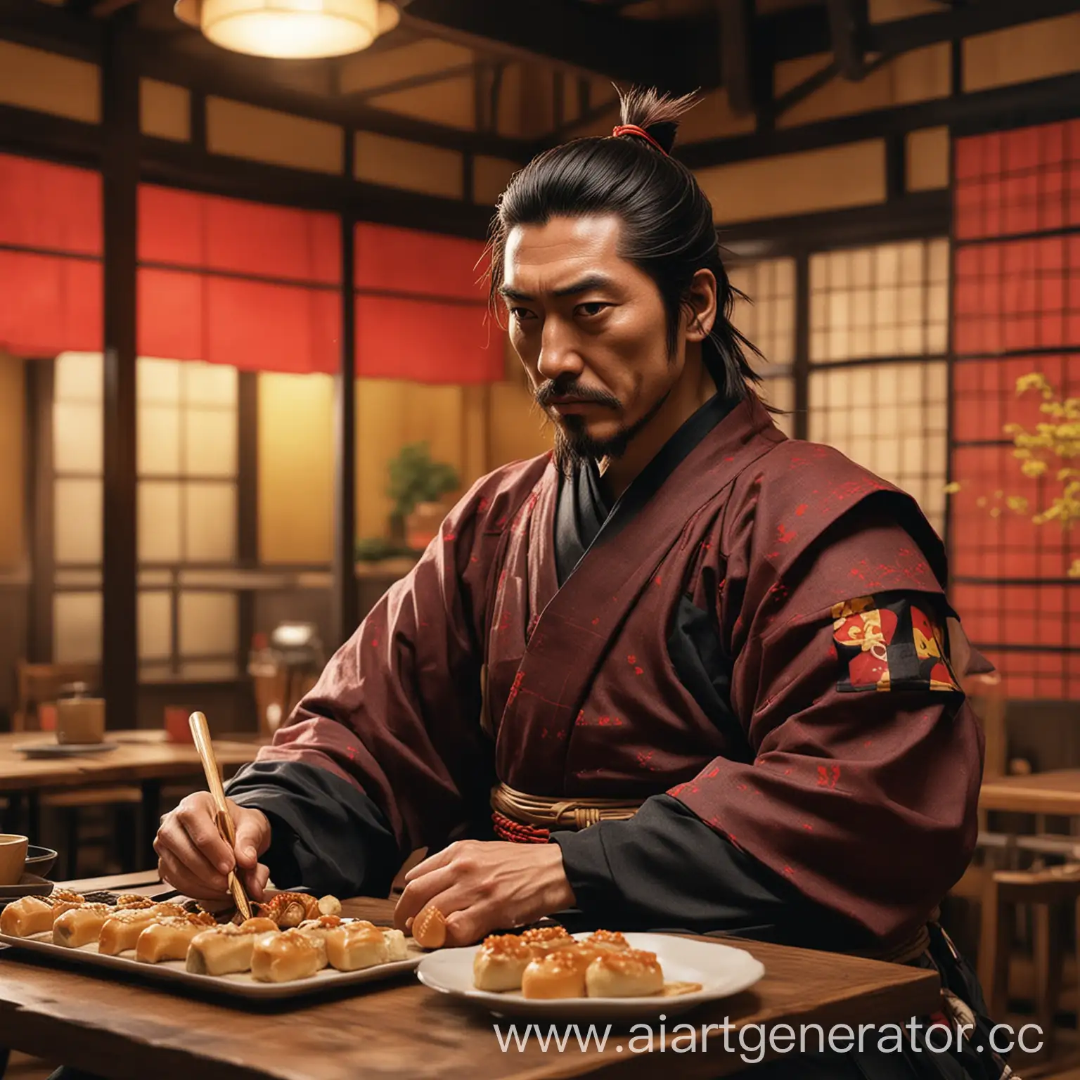 Samurai-Miyamoto-Musashi-Eating-Sushi-in-Modern-Japanese-Restaurant