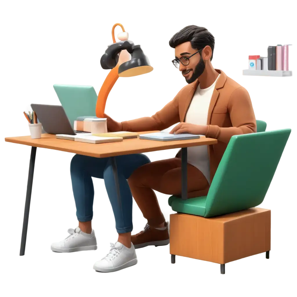 Man-Sitting-at-Desk-Shopping-in-3D-Digital-Goods-Store-with-Boards-and-EBooks-PNG-Image-for-High-Quality-Visual-Content