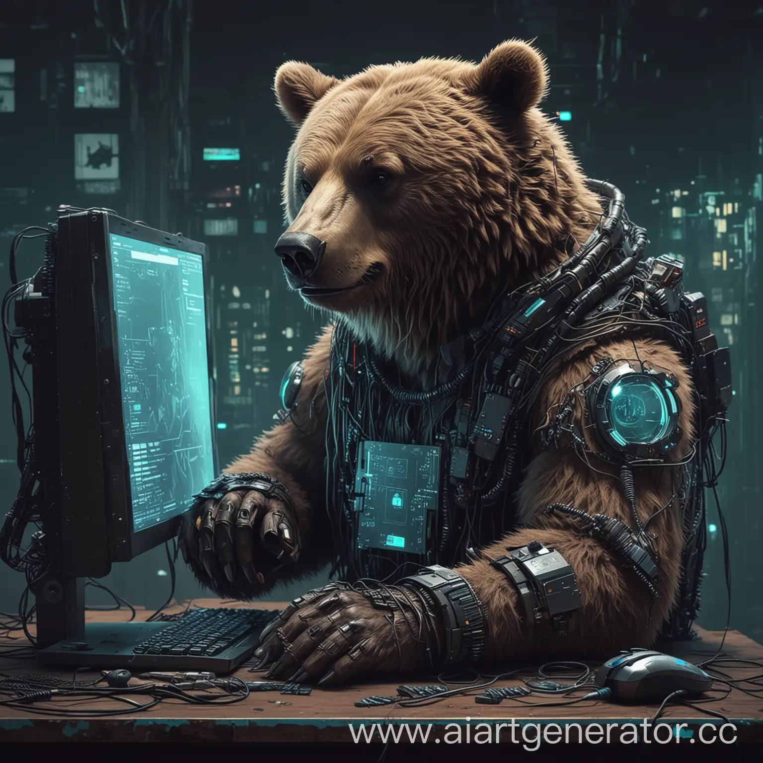 Cyberpunk-Bear-Using-Computer-in-Futuristic-Setting