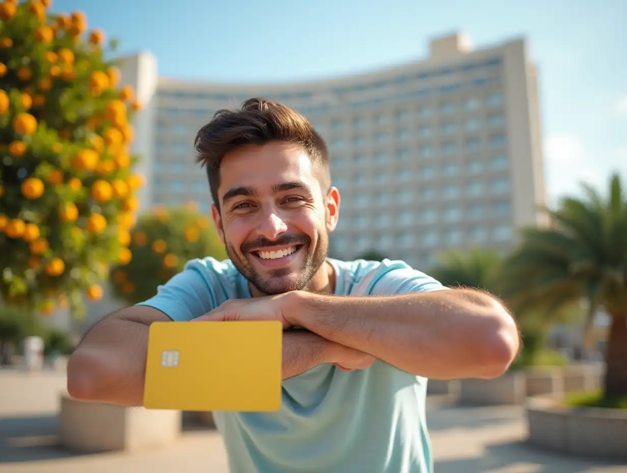 A very happy young man, leans on a large credit card, with an orange tree on one side and a premium hotel complex in the background