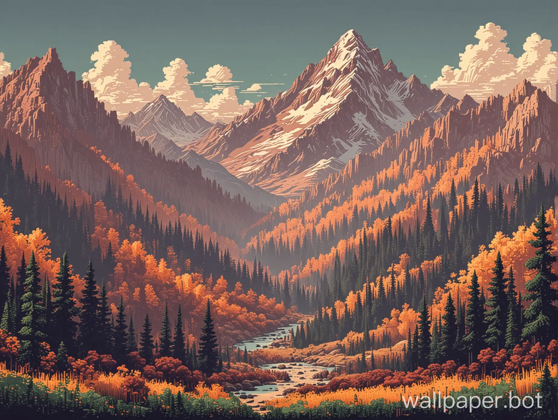 a mountain scene in 8-bit style (like old videogames) using colors from the gruvbox palette