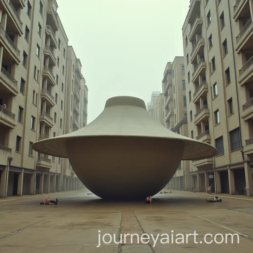 Giant-Bowl-Hat-Between-Two-Buildings-with-Legs-Lying-Down